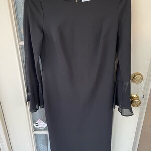 Calvin Klein Size 12 Black Bell Sleeve Sheath Dress Gold Zip ✨🖤